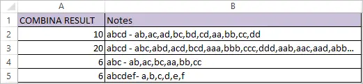 COMBINA Function in Excel 2