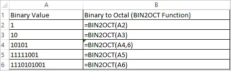 BIN2OCT Function in Excel - Convert Binary to Octal in Excel