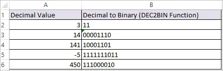DEC2BIN Function in Excel 2