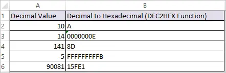 DEC2HEX Function in Excel 2