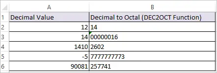 DEC2OCT Function in Excel 2