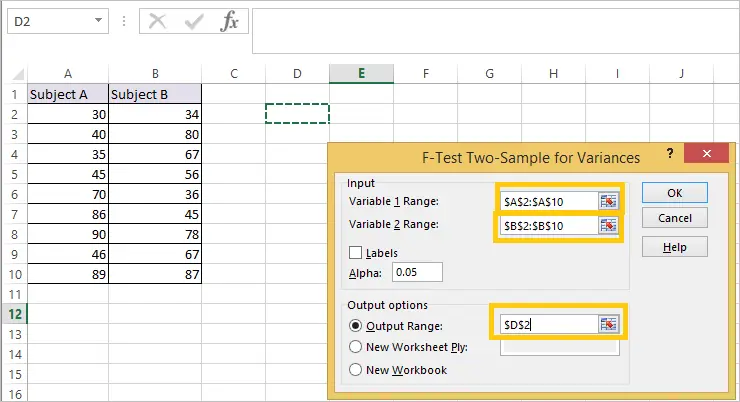 F Test in Excel 4