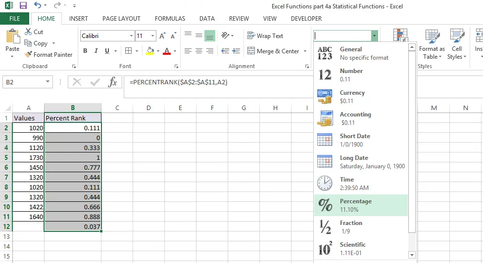 PERCENTRANK Function in Excel 2