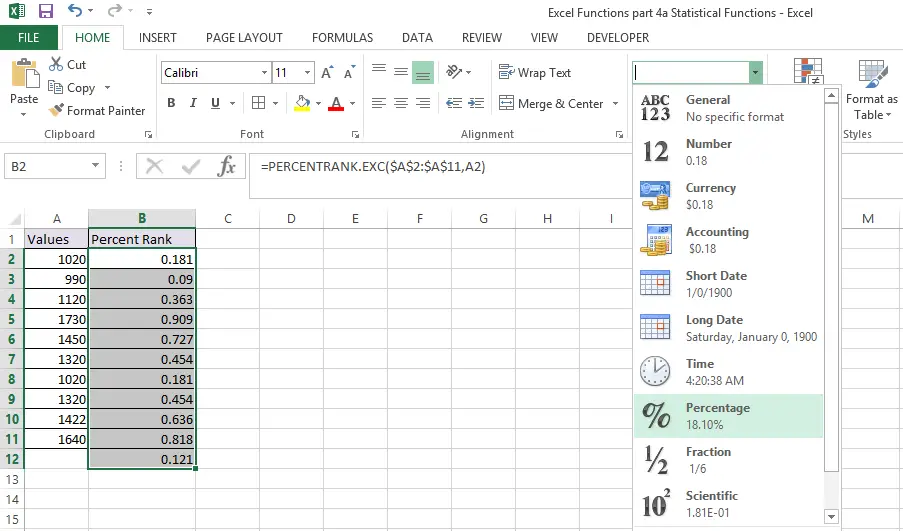 PERCENTRANK.EXC Function in Excel 2