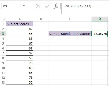 STDEV.S function in Excel 2