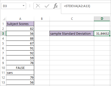 STDEVA function in Excel 2