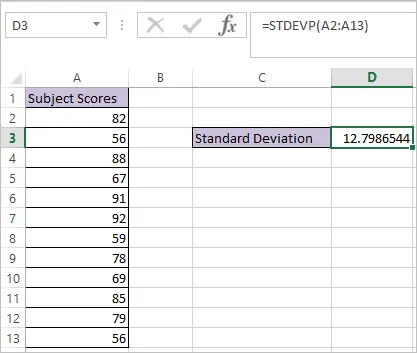 STDEVP function in Excel 2